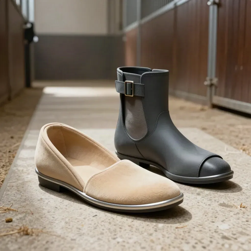 Orthopädische Hufstütze mit Keilpad, Einlage und Hufschuh auf heller Stallmatte.