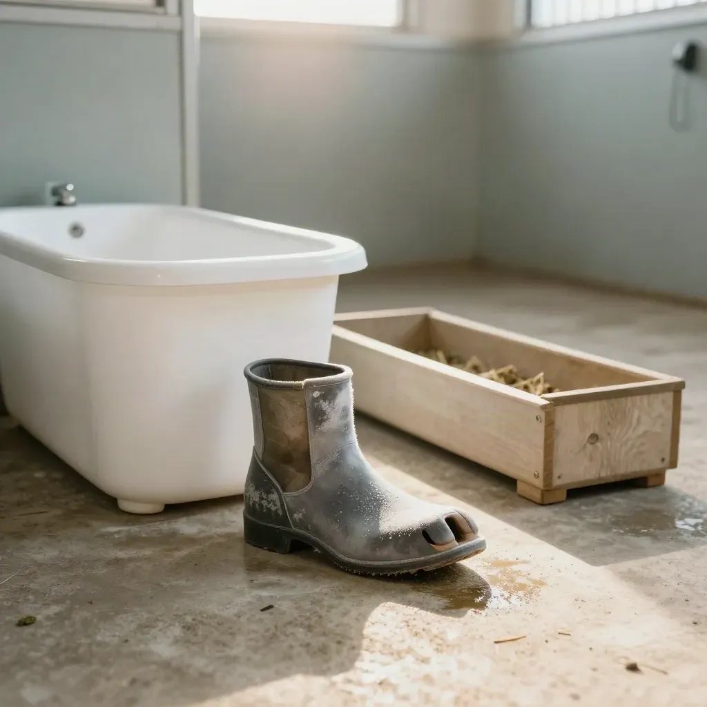 Hufpflege-Station mit Hufschuh, Wasserschale und Futtertrog in ruhiger Stallatmosphäre.