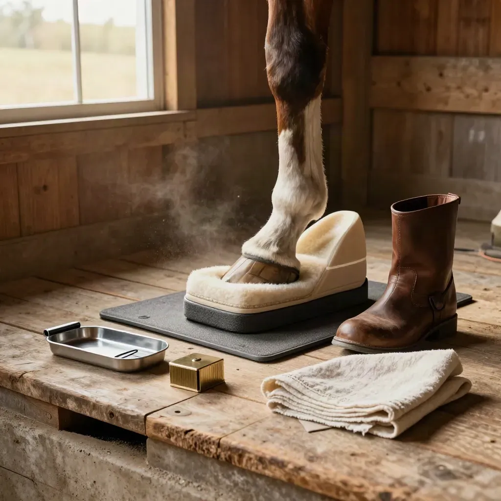 Orthopädische Hufstütze mit Keil und ruhigem Huf im warmen Stalllicht