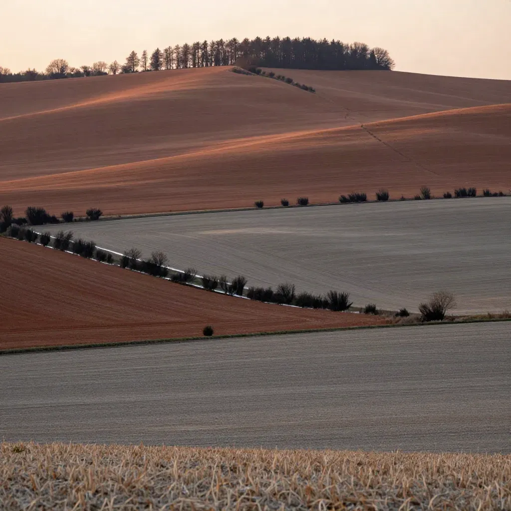 Weite Agrarlandschaft im Kreis Steinfurt mit Feldern, Baumkanten, Gräben und Abenddunst.